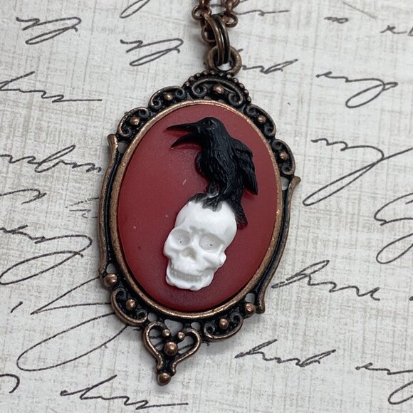 ROSE Gold Red Gothic Crow Raven Rose Skull Wedding Party Jewelry necklace Cameo - Picture 10 of 11